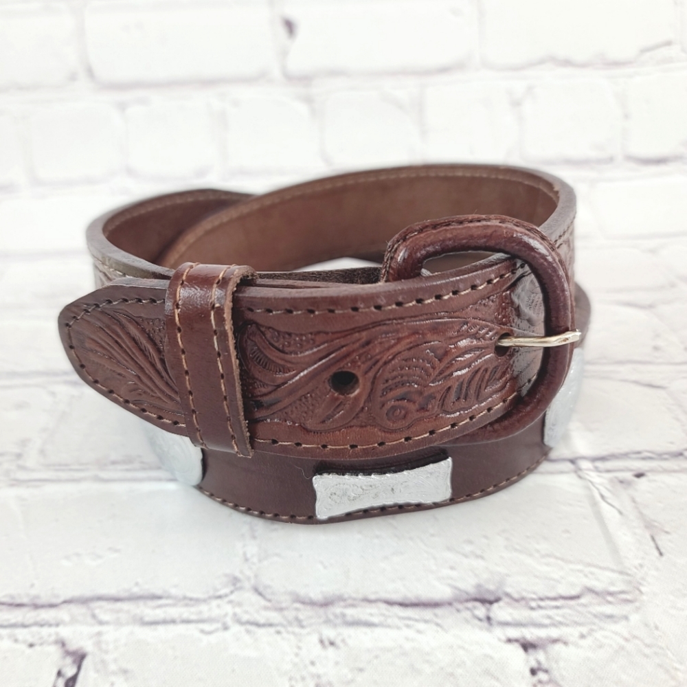 Western Tooled Leather Belt  Silver Medallions Brown